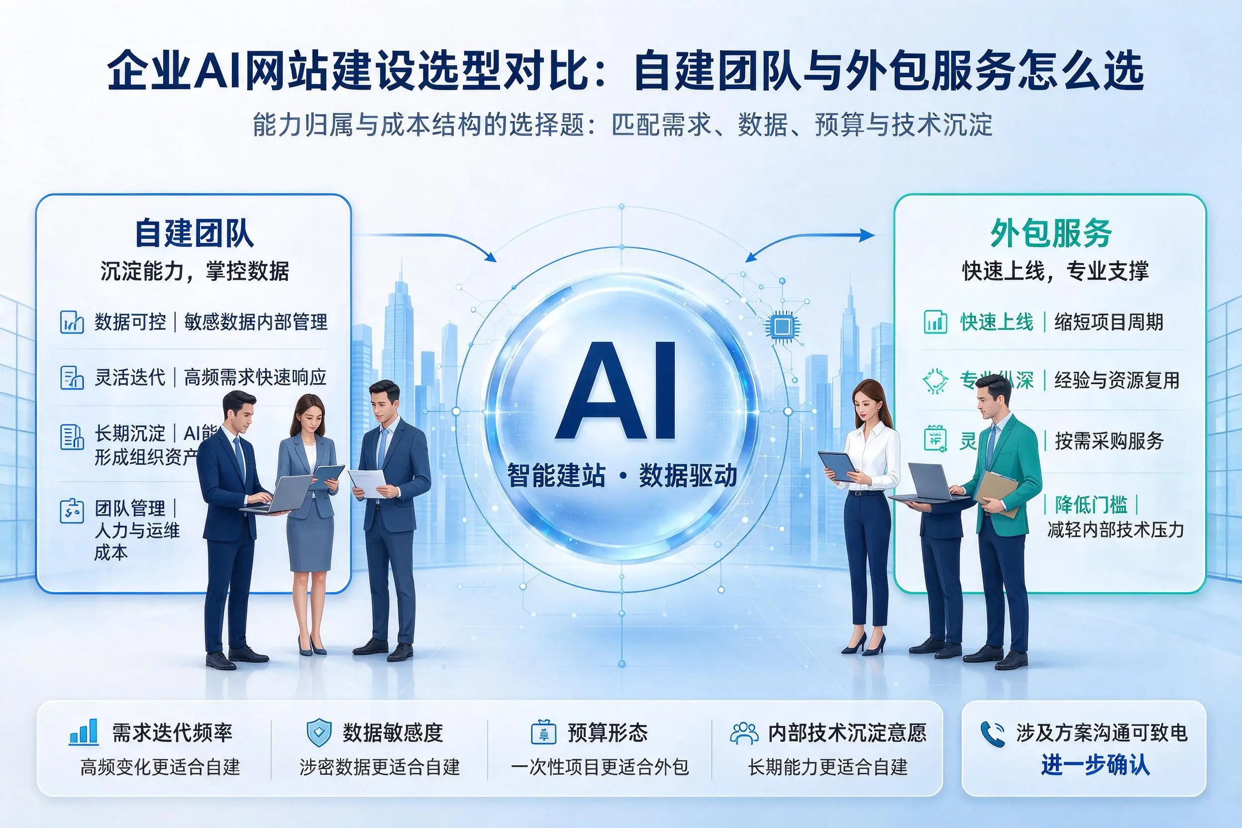那曲企业AI网站建设选型对比:自建团队与外包服务怎么选